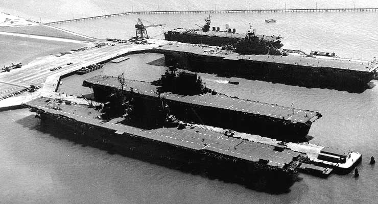 USS Saratoga USS Enterprise USS Hornet and USS San Jacinto at Alameda NAS in 1945